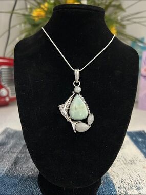 Sterling Silver Amazonite Rainbow Moonstone Gemstone Pendant Necklace.